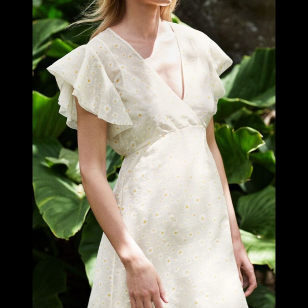 Tory Burch Susanna Daisy Flutter Sleeve Elegant Cream Floral Dress